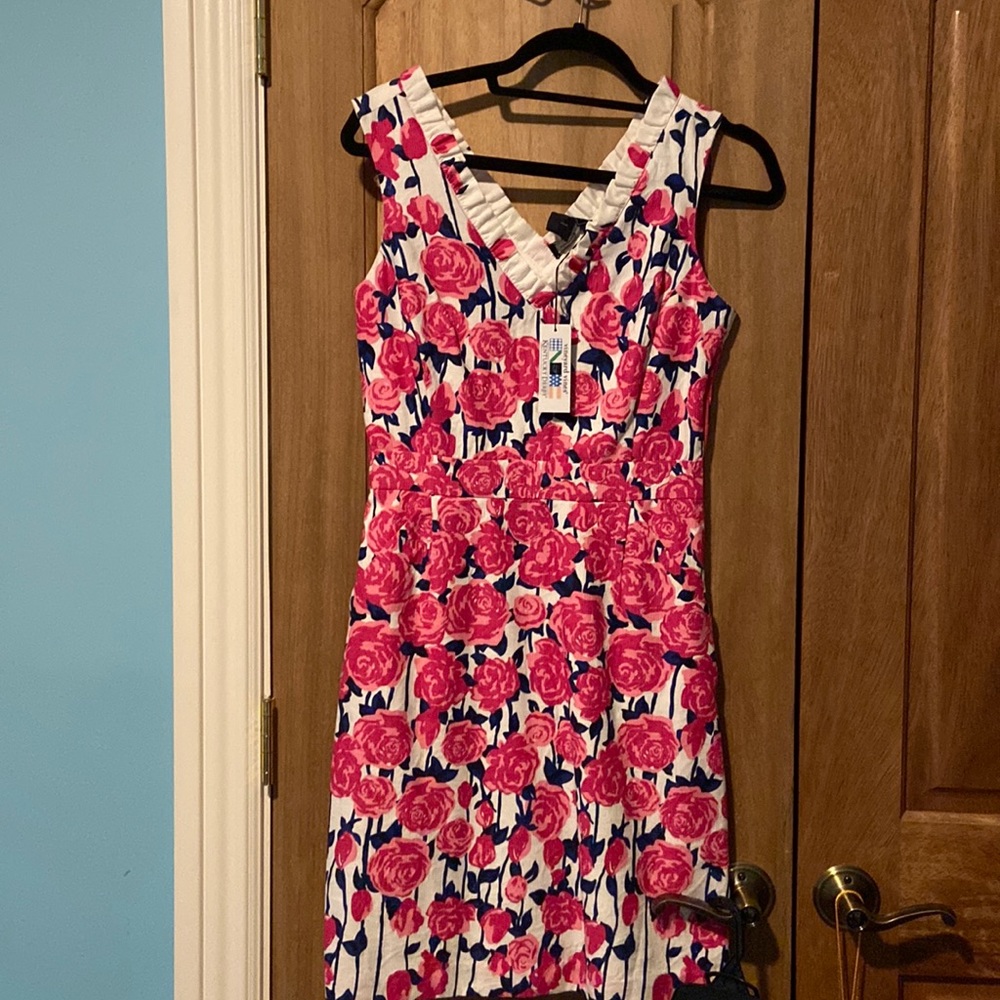 Vineyard Vines White Midi Dress with Pink Floral and Navy Details